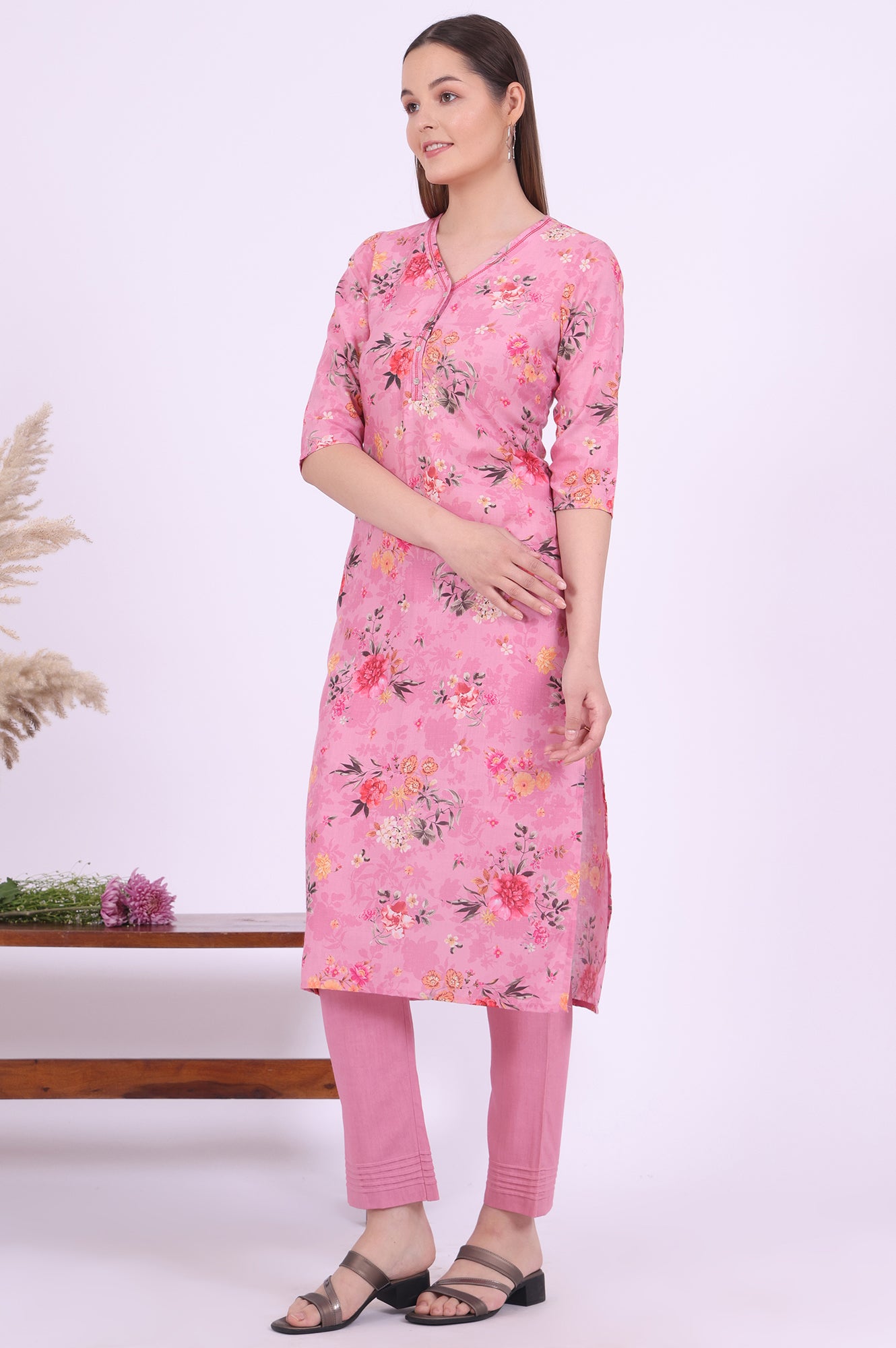 Pink Printed Straight Kurta