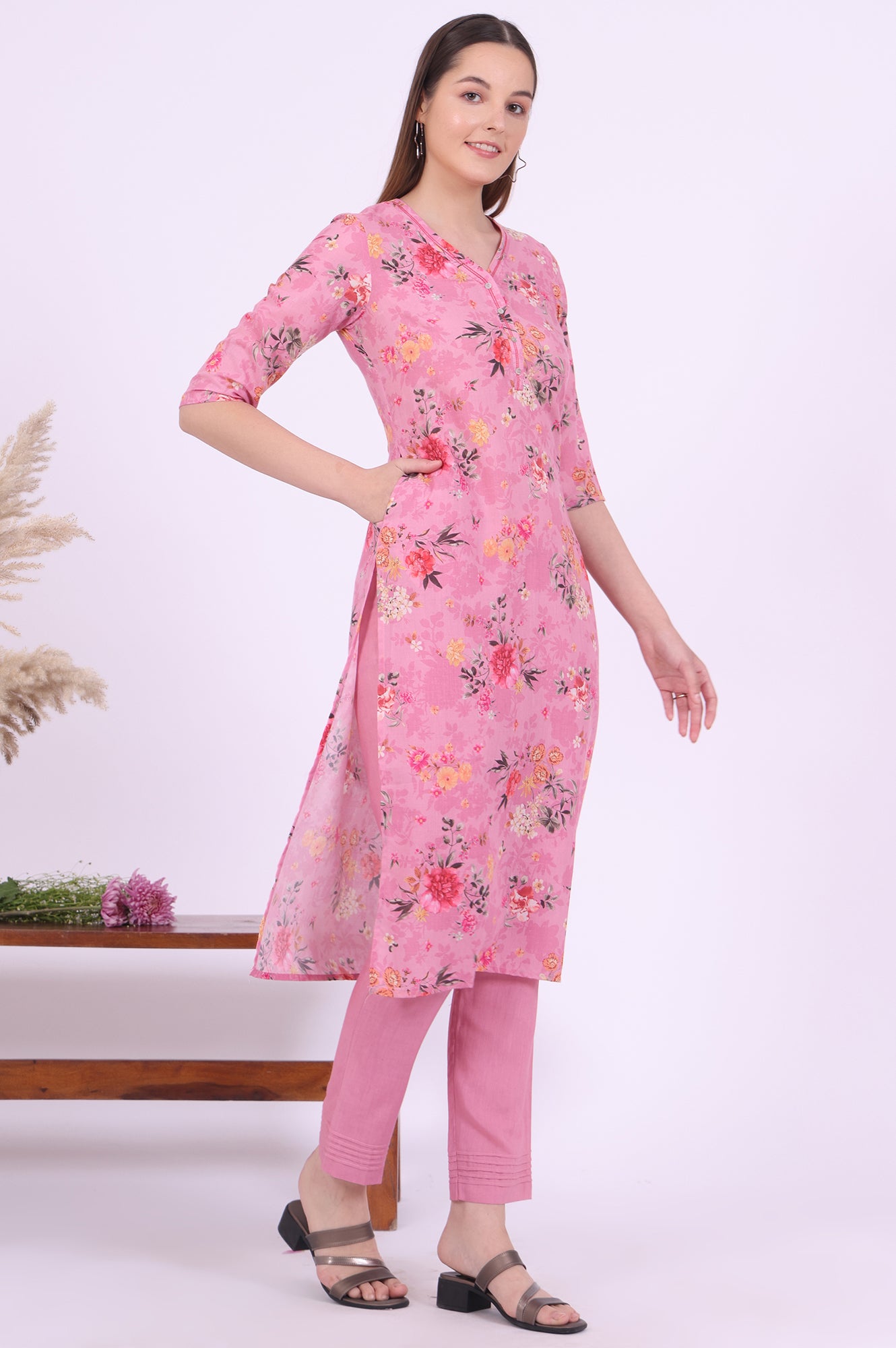 Pink Printed Straight Kurta