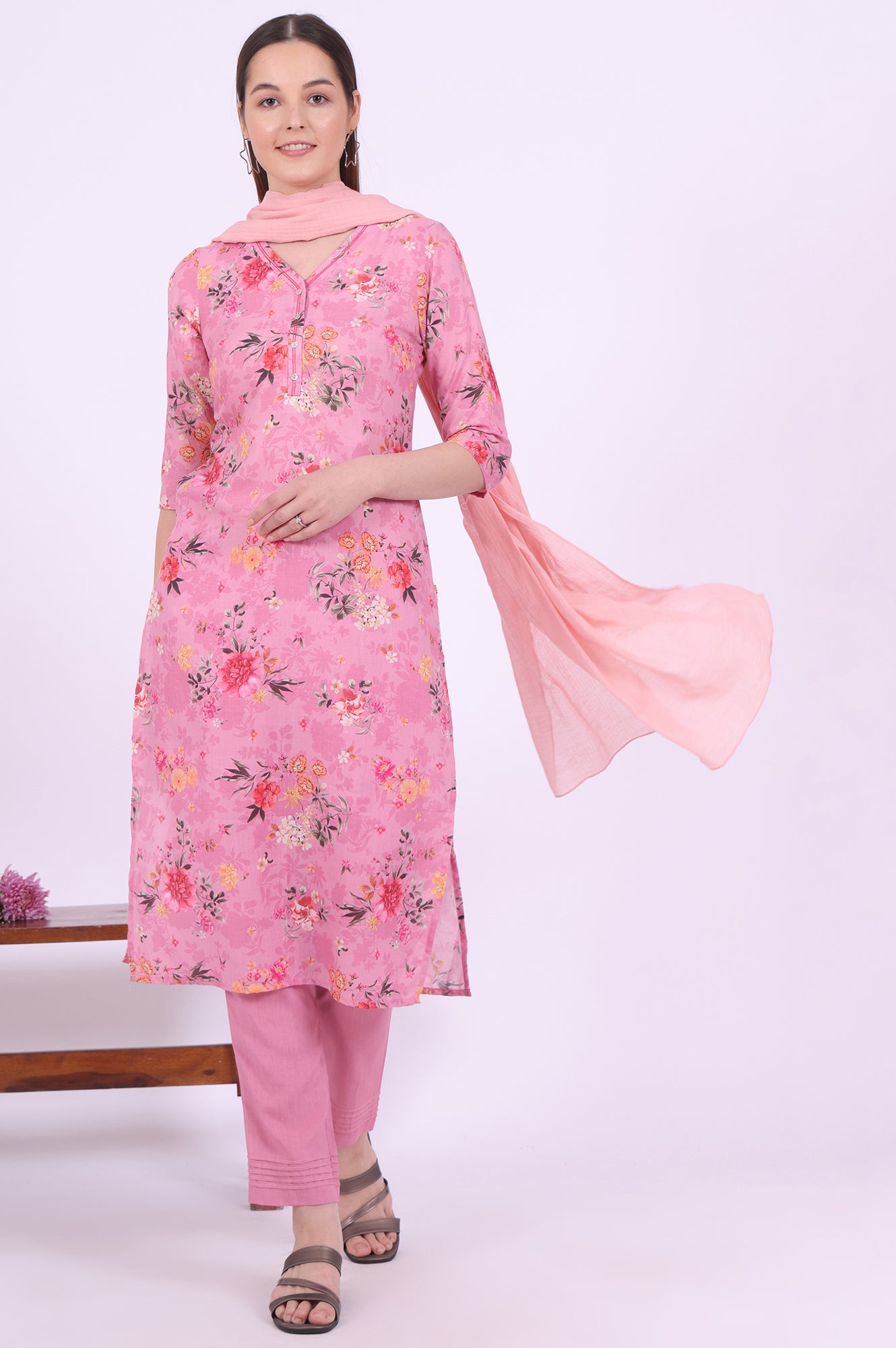 Pink Printed Straight Kurta