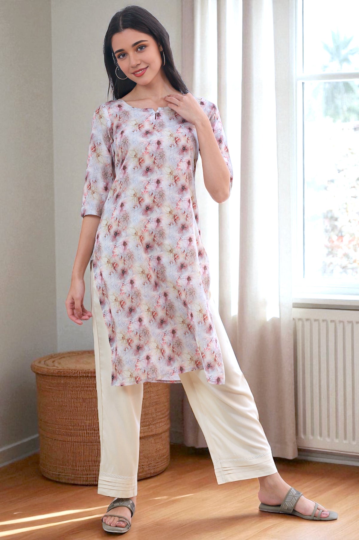 Purple Printed Straight Pure Cotton Kurta - S