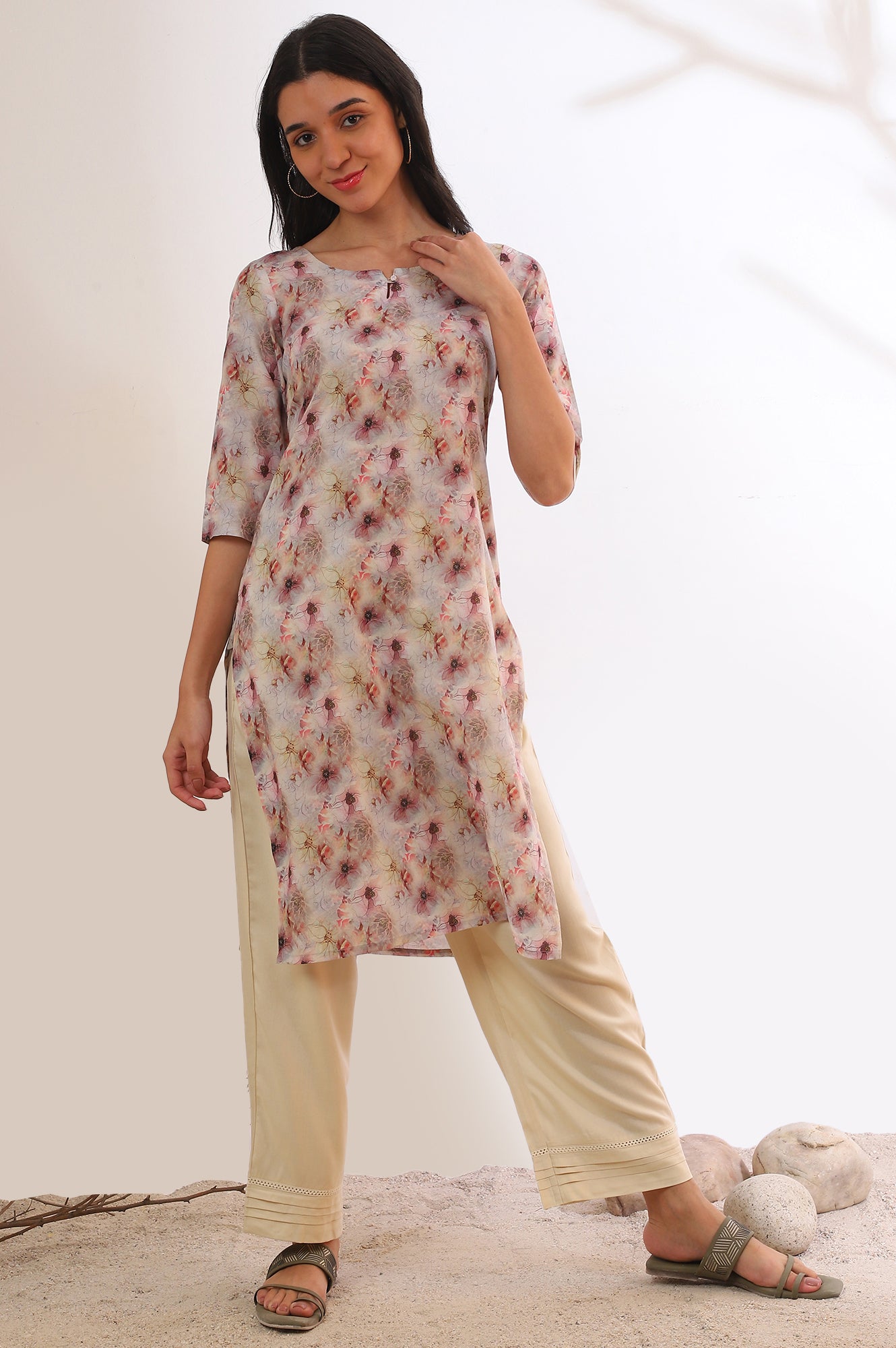 Purple Printed Straight Pure Cotton Kurta