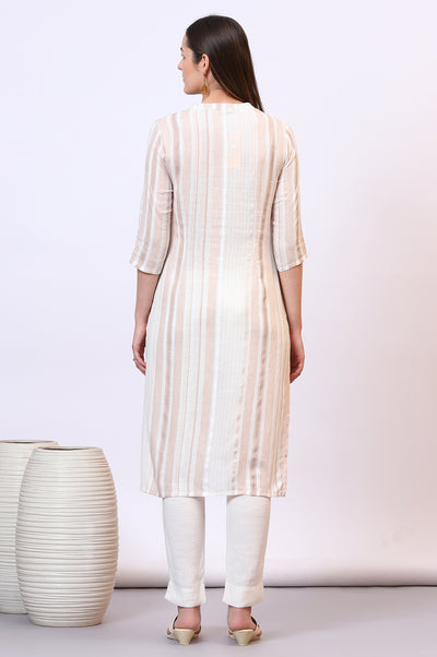 Beige Striped Rayon Flax Straight Kurta