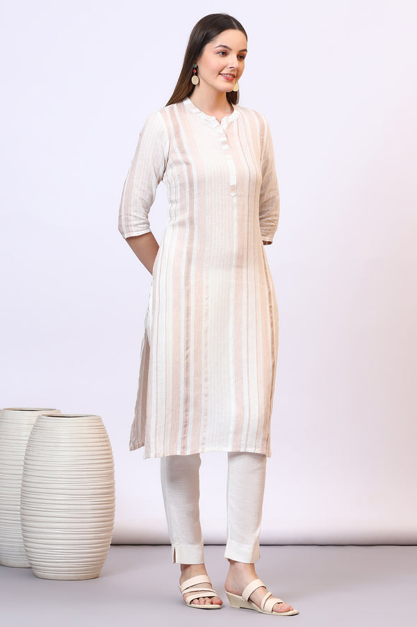 Beige Striped Rayon Flax Straight Kurta