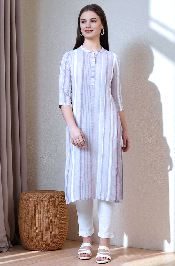 Pink Striped Rayon Flax Straight Kurta