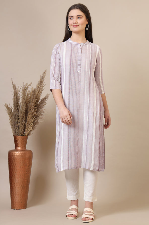 Pink Striped Rayon Flax Straight Kurta