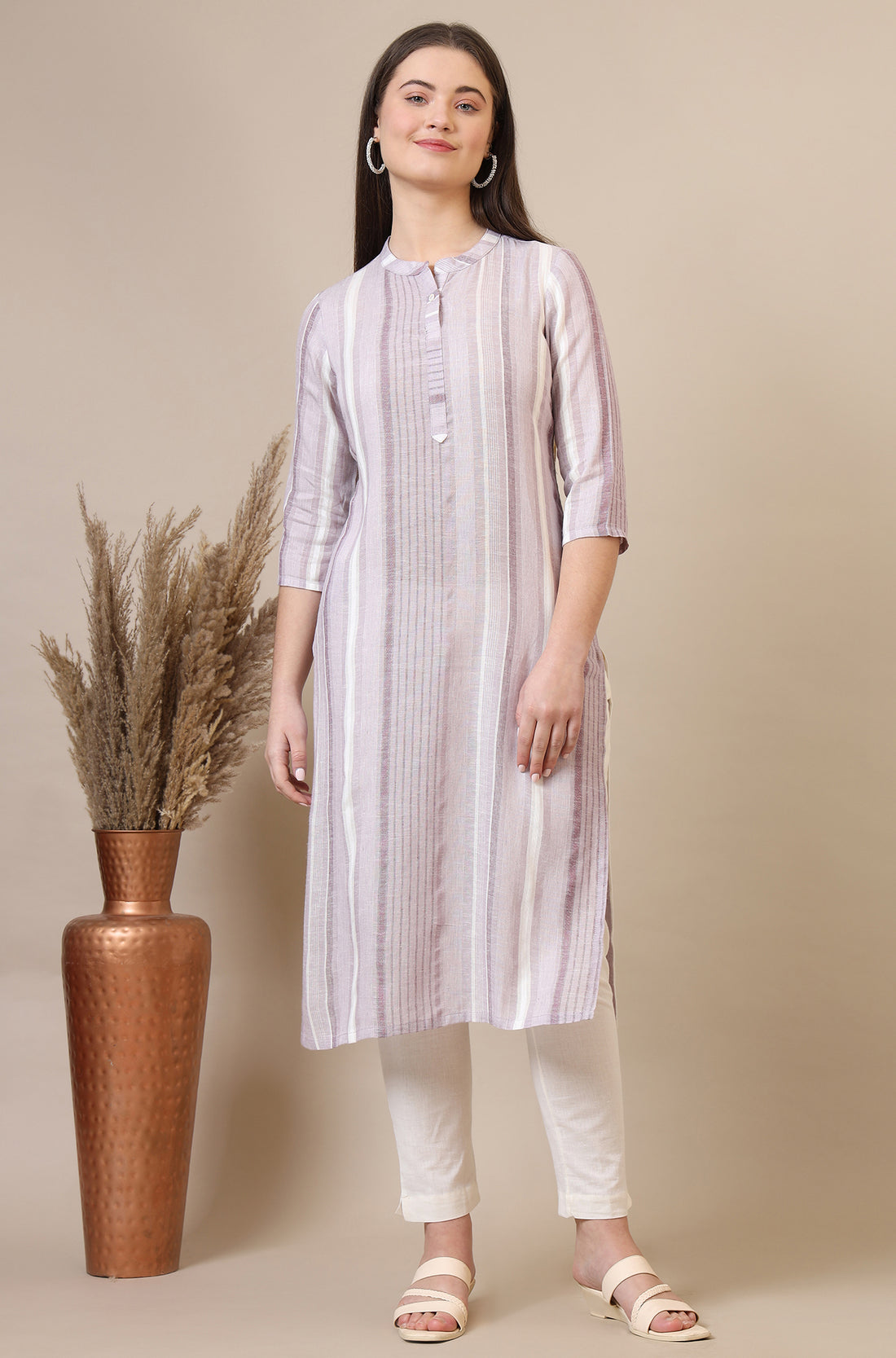 Pink Striped Rayon Flax Straight Kurta