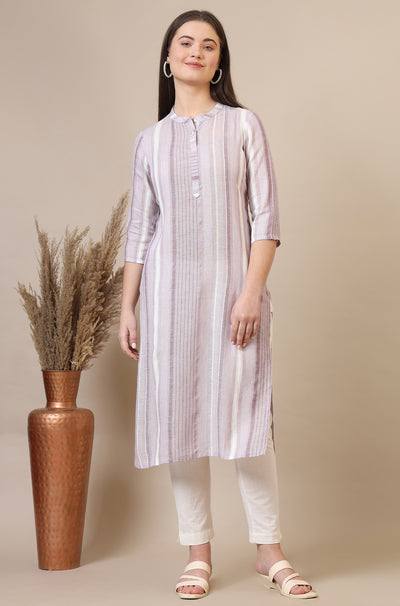 Pink Striped Rayon Flax Straight Kurta