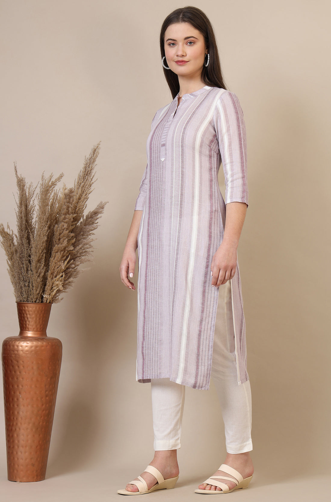 Pink Striped Rayon Flax Straight Kurta