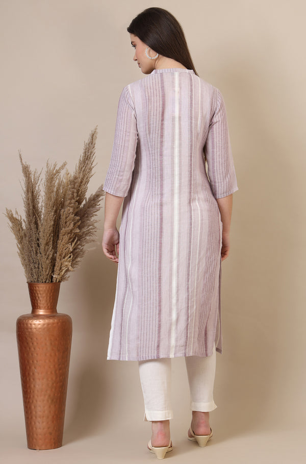 Pink Striped Rayon Flax Straight Kurta