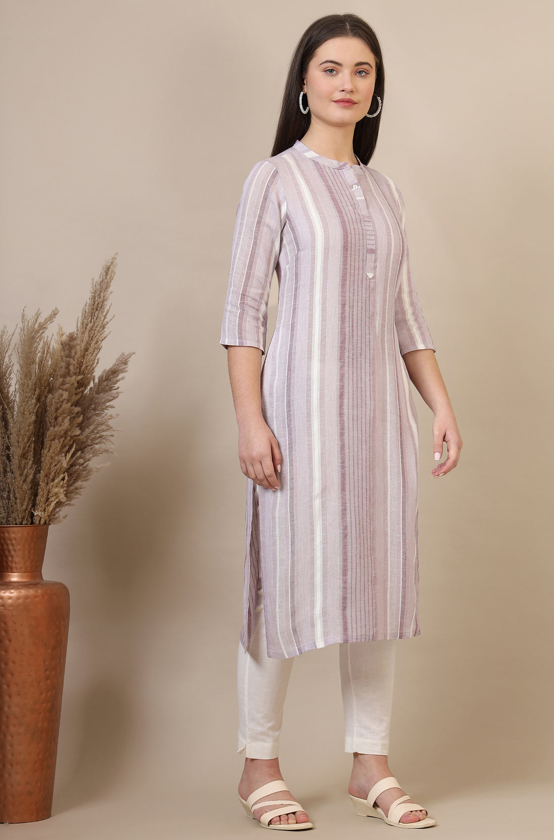 Pink Striped Rayon Flax Straight Kurta