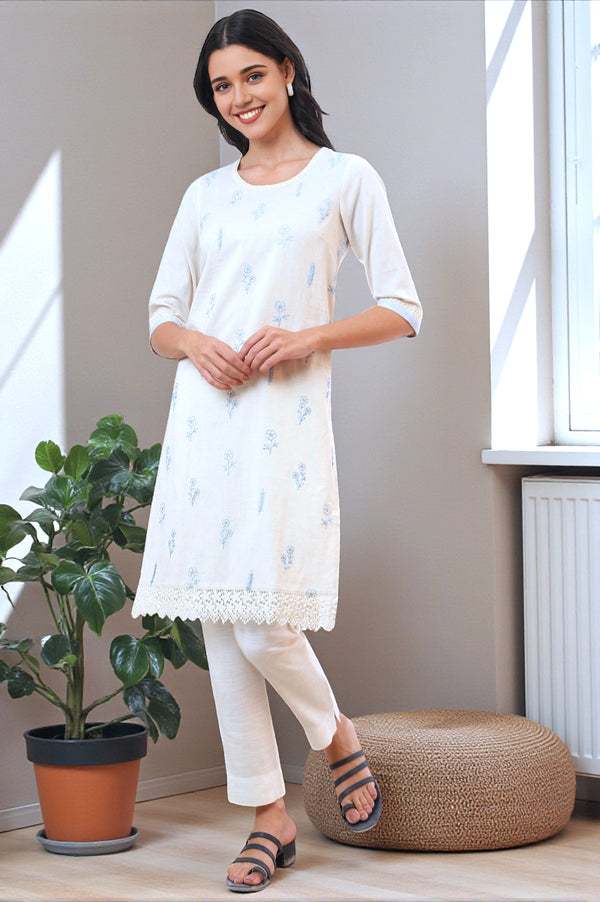 Off White Solid Straight Cotton Blend Kurta