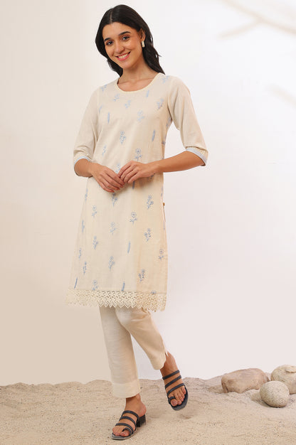 Off White Solid Straight Cotton Blend Kurta