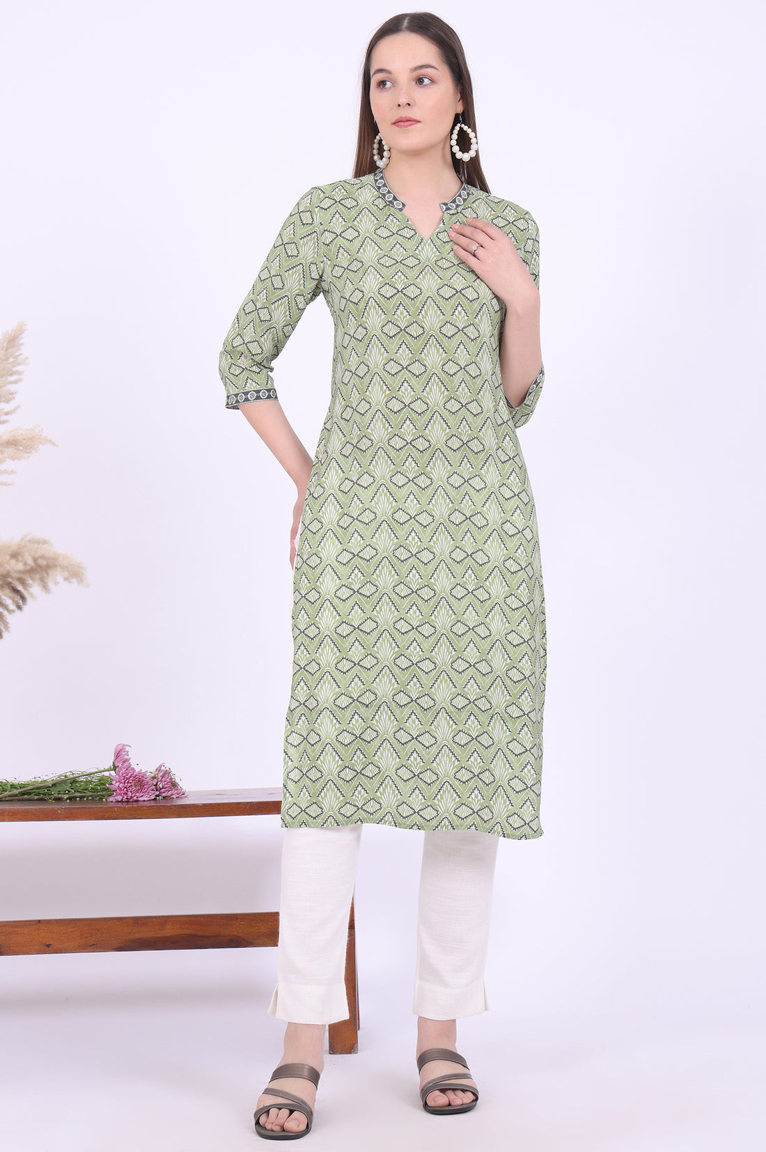 Green Printed Straight Modal Kurta
