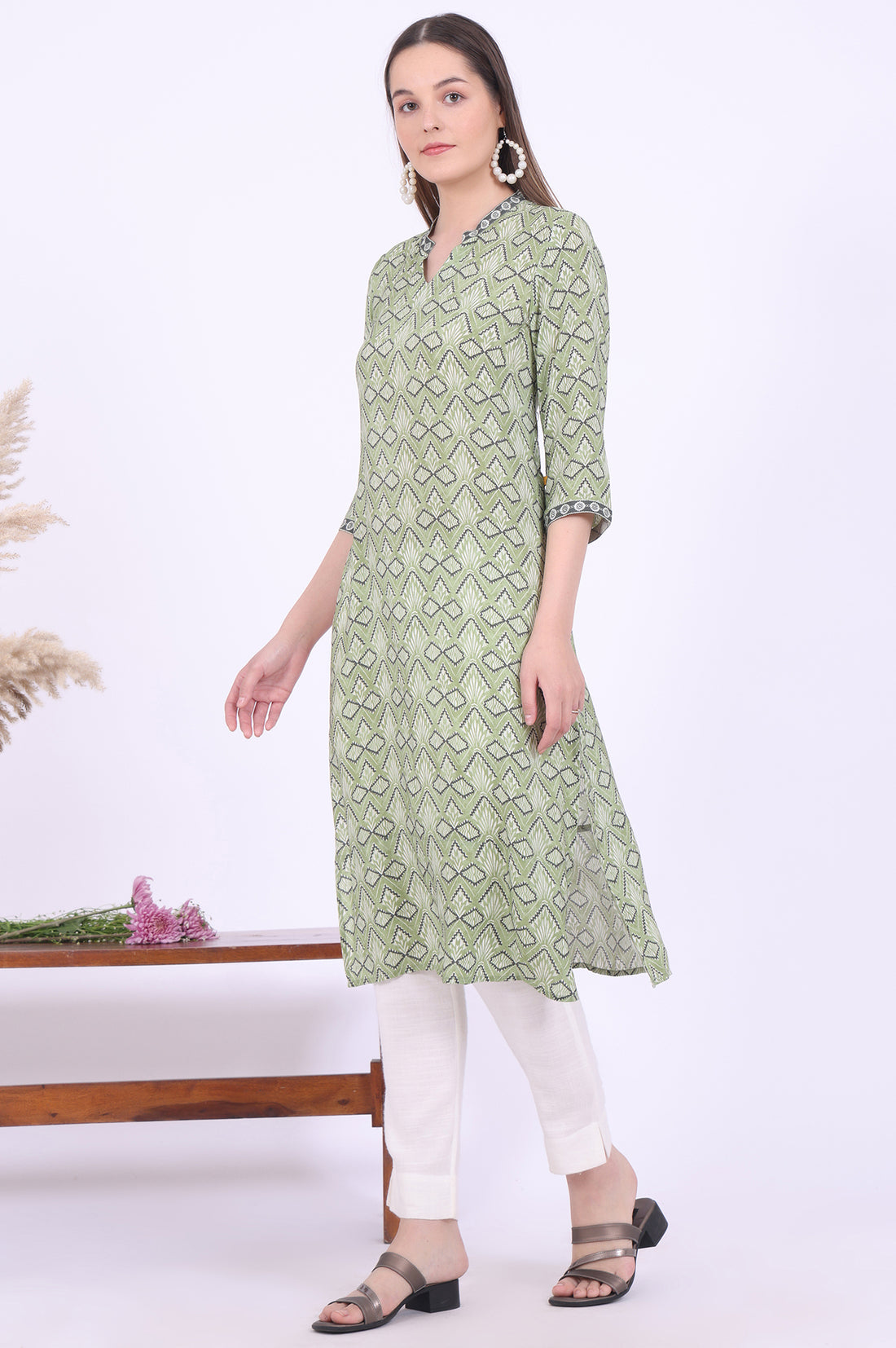 Green Printed Straight Modal Kurta