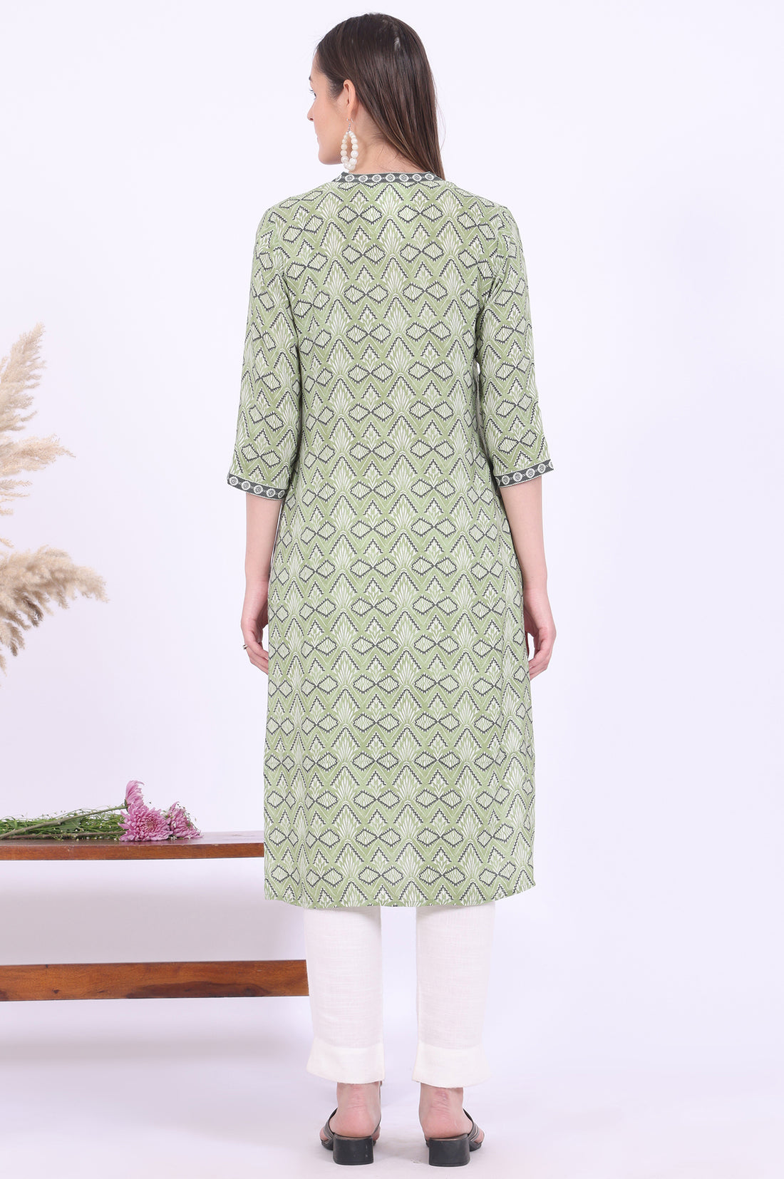 Green Printed Straight Modal Kurta