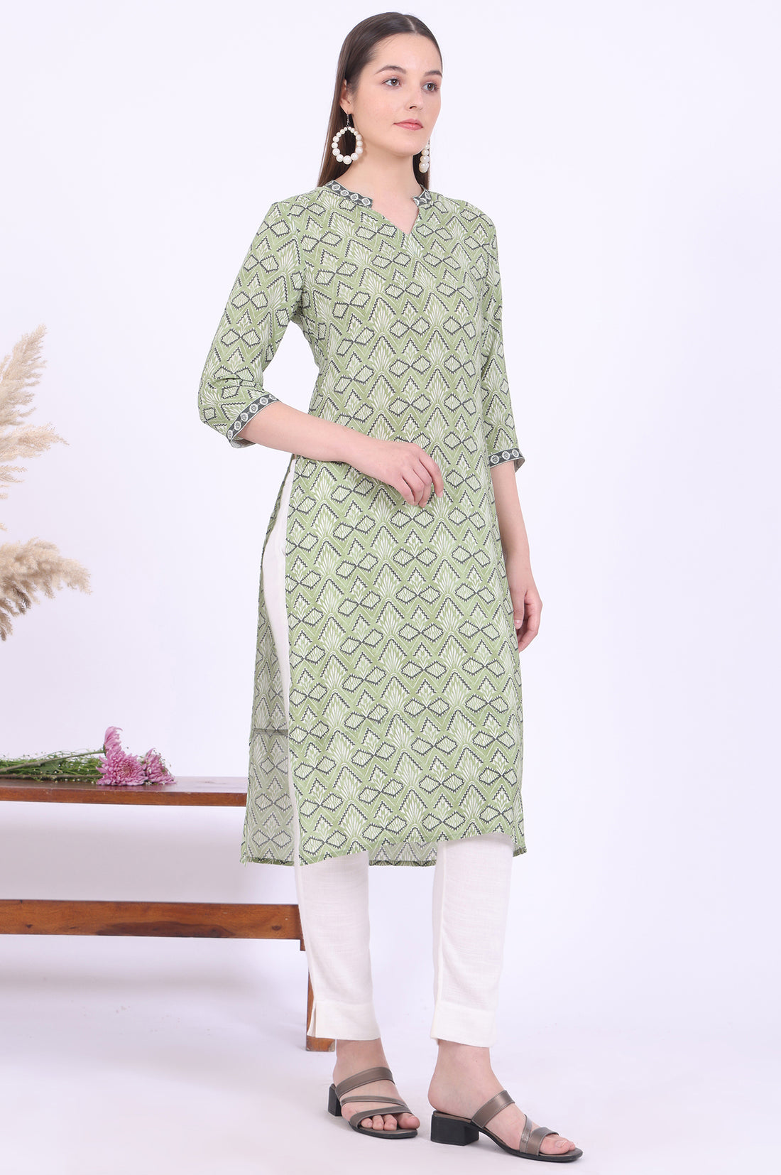 Green Printed Straight Modal Kurta