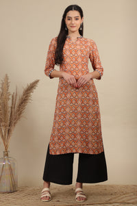 Orange Geometric Printed Modal Straight Kurta