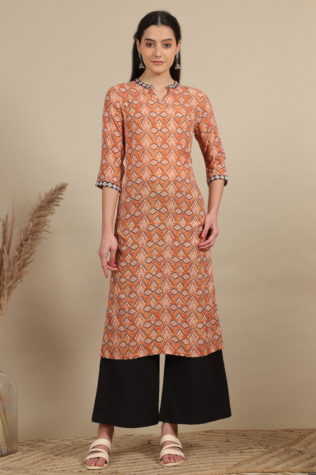 Orange Geometric Printed Modal Straight Kurta