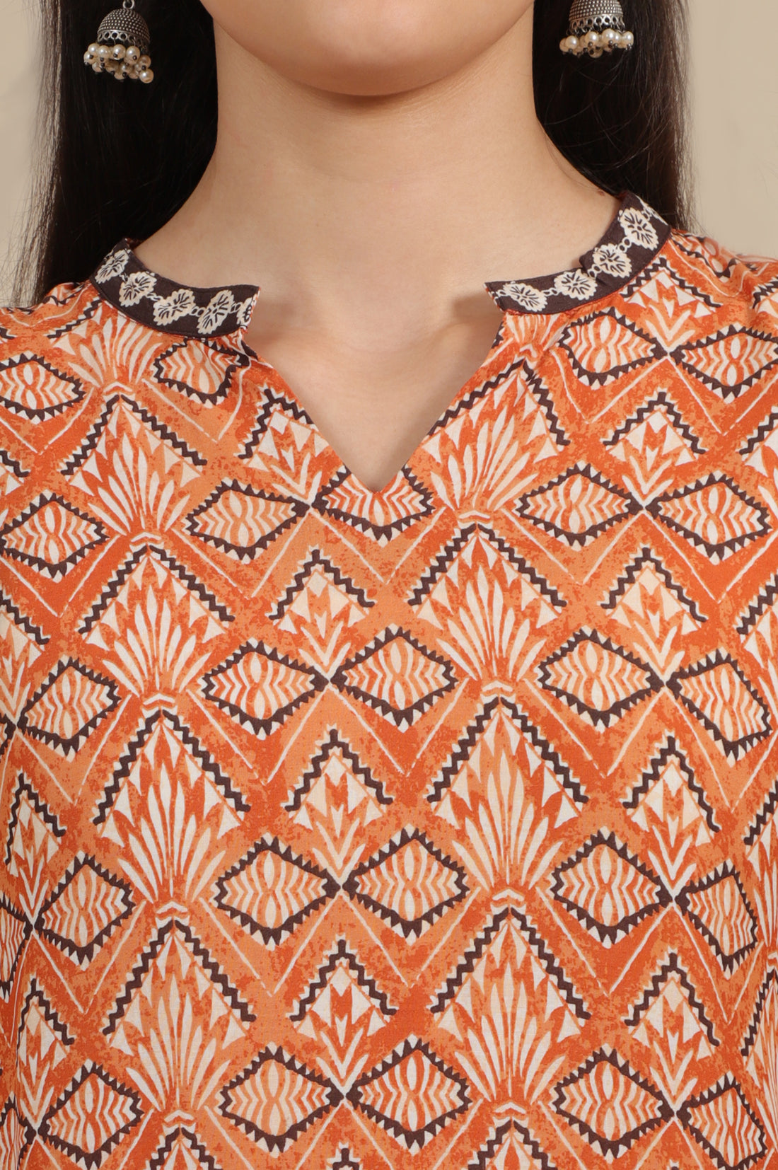 Orange Geometric Printed Modal Straight Kurta