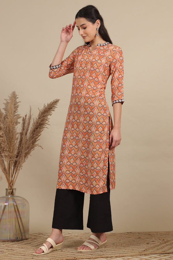 Orange Geometric Printed Modal Straight Kurta