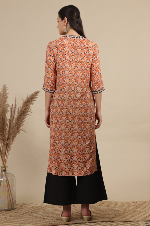 Orange Geometric Printed Modal Straight Kurta