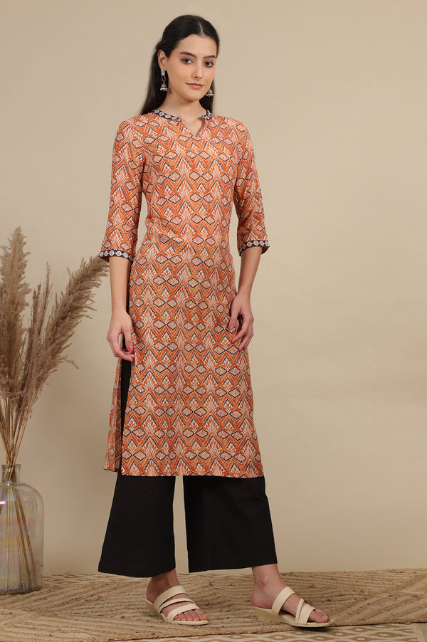 Orange Geometric Printed Modal Straight Kurta