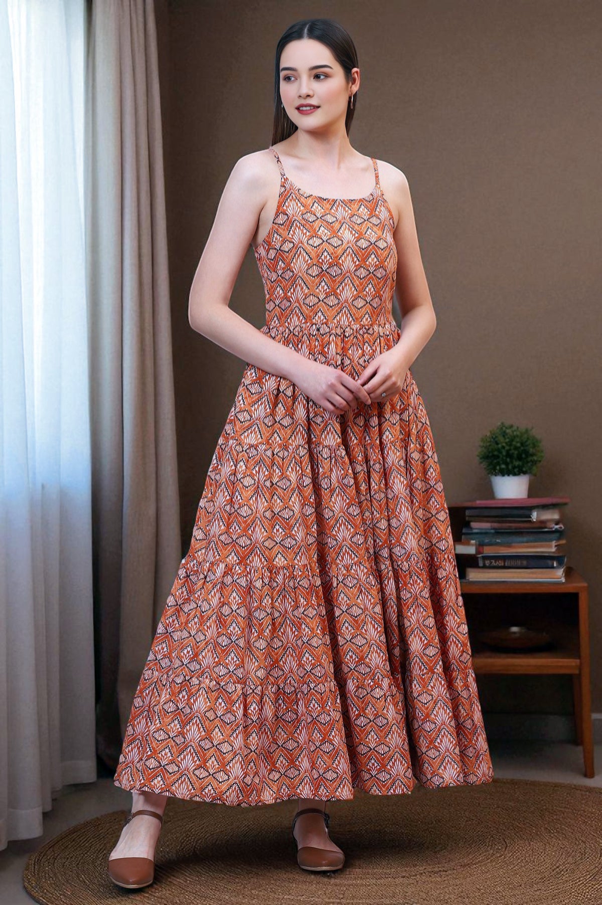 Orange Geometric Printed Pure Cotton Tiered Spaghetti Dress - XS