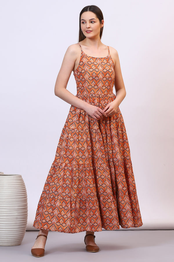 Orange Geometric Printed Pure Cotton Tiered Spaghetti Dress