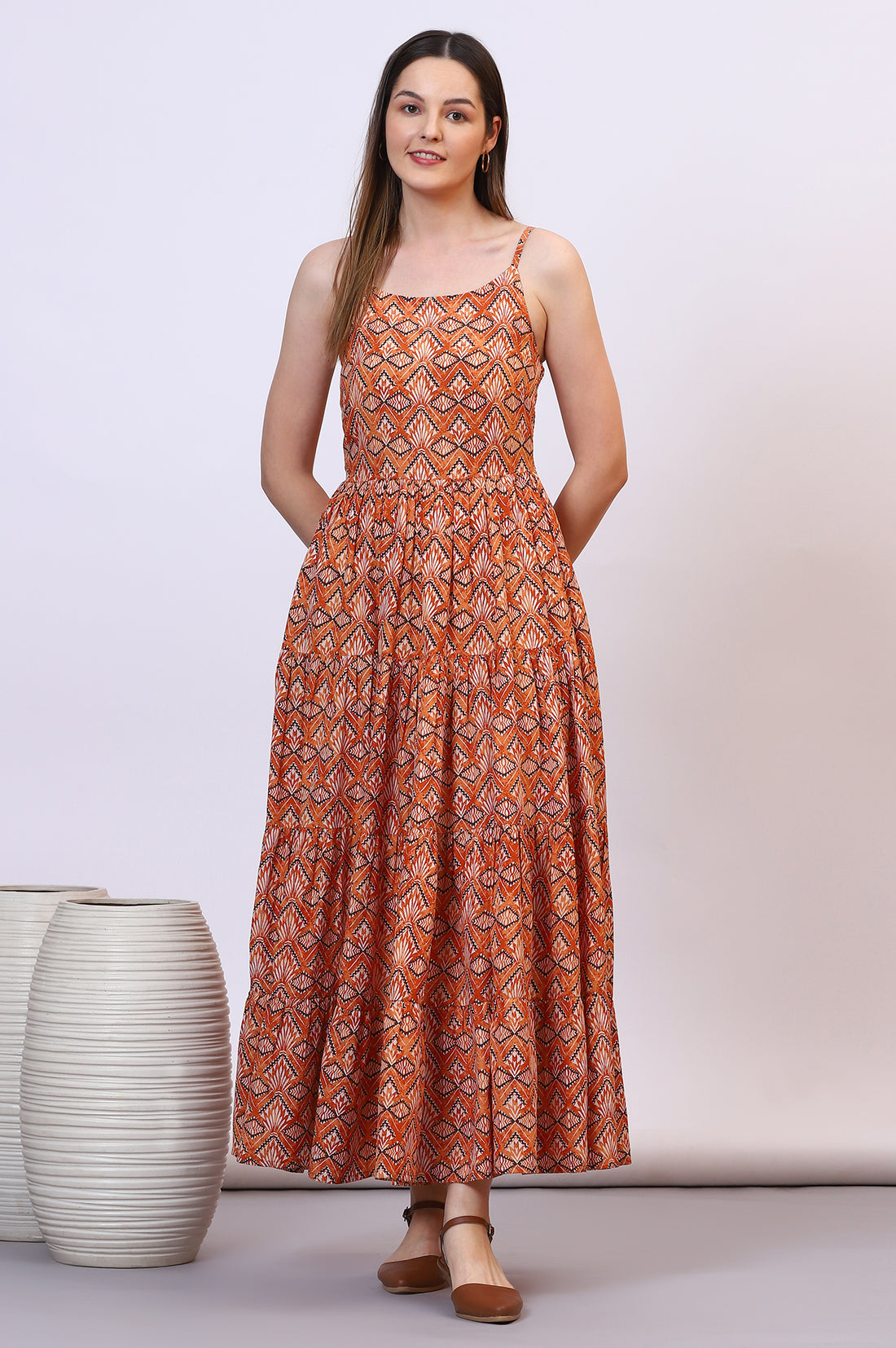 Orange Geometric Printed Pure Cotton Tiered Spaghetti Dress