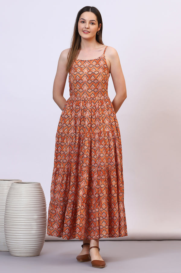 Orange Geometric Printed Pure Cotton Tiered Spaghetti Dress