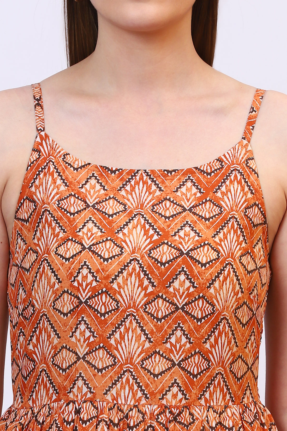 Orange Geometric Printed Pure Cotton Tiered Spaghetti Dress