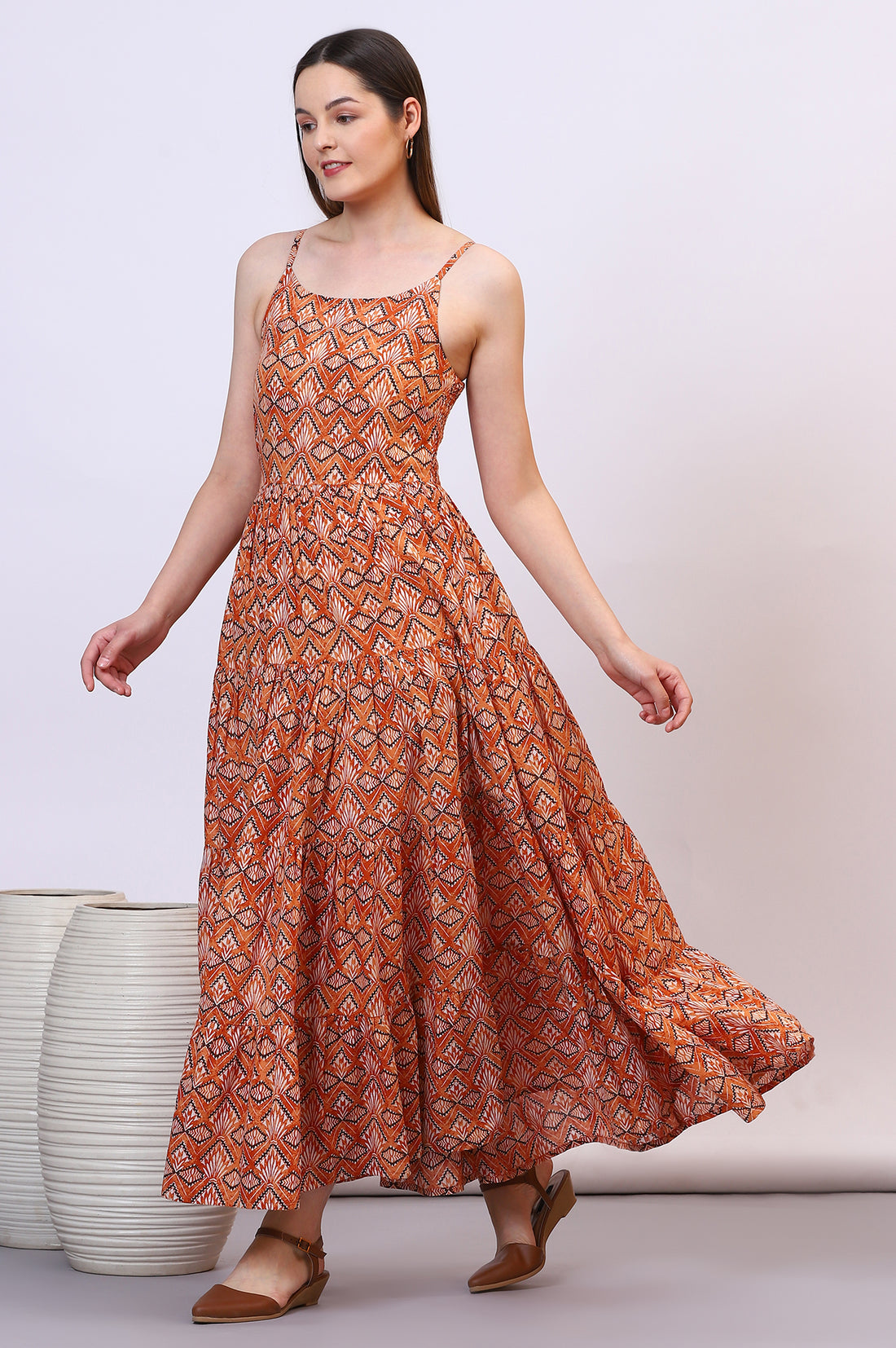 Orange Geometric Printed Pure Cotton Tiered Spaghetti Dress
