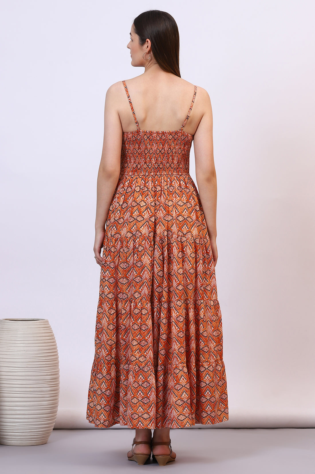 Orange Geometric Printed Pure Cotton Tiered Spaghetti Dress