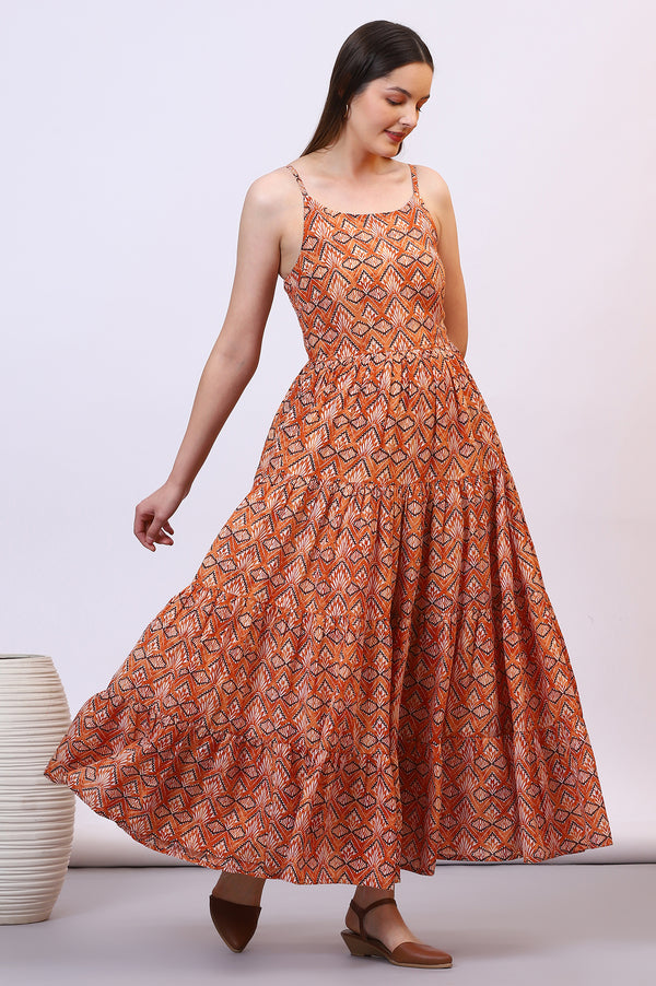 Orange Geometric Printed Pure Cotton Tiered Spaghetti Dress