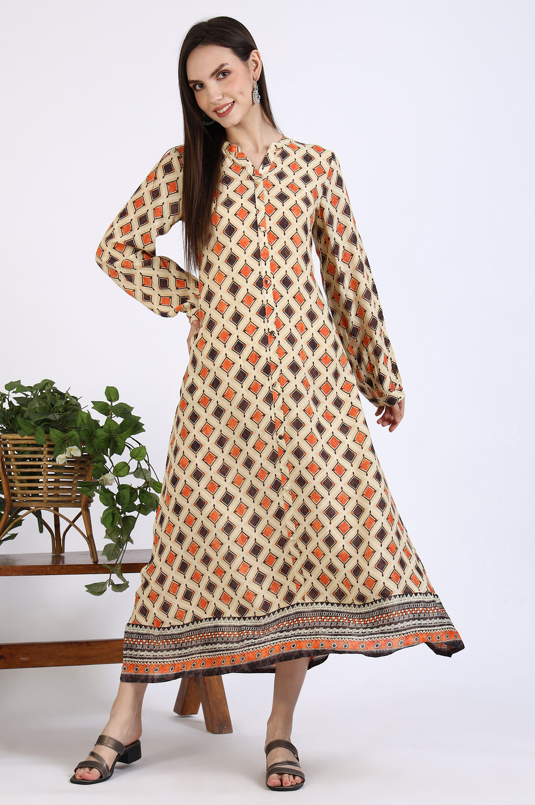 Beige Geometric Printed Modal Flared Dress