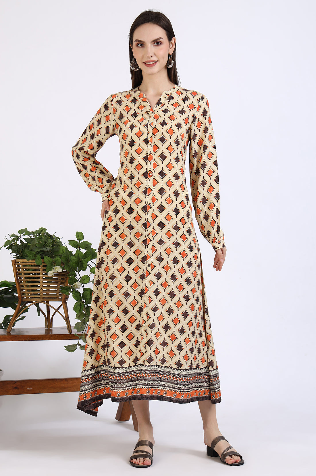 Beige Geometric Printed Modal Flared Dress