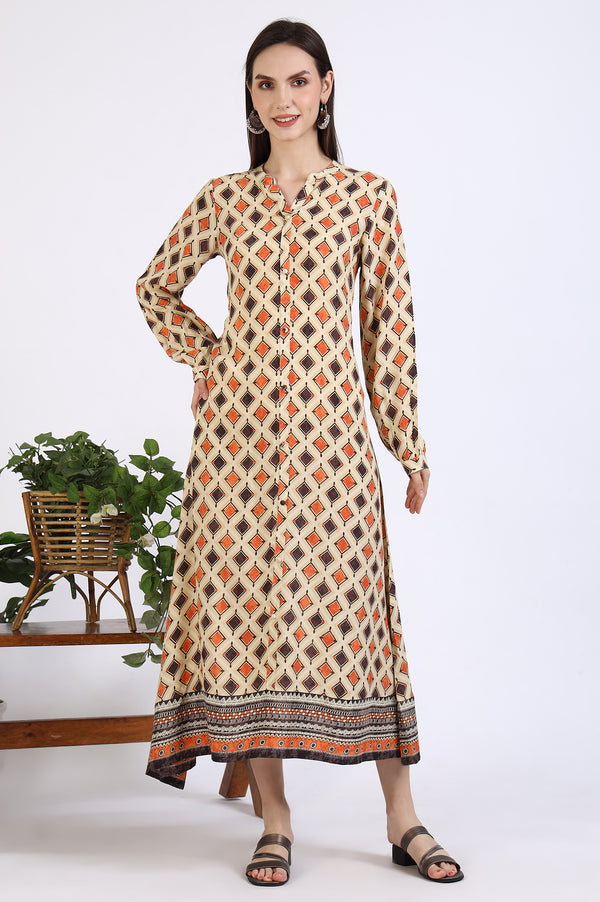 Beige Geometric Printed Modal Flared Dress