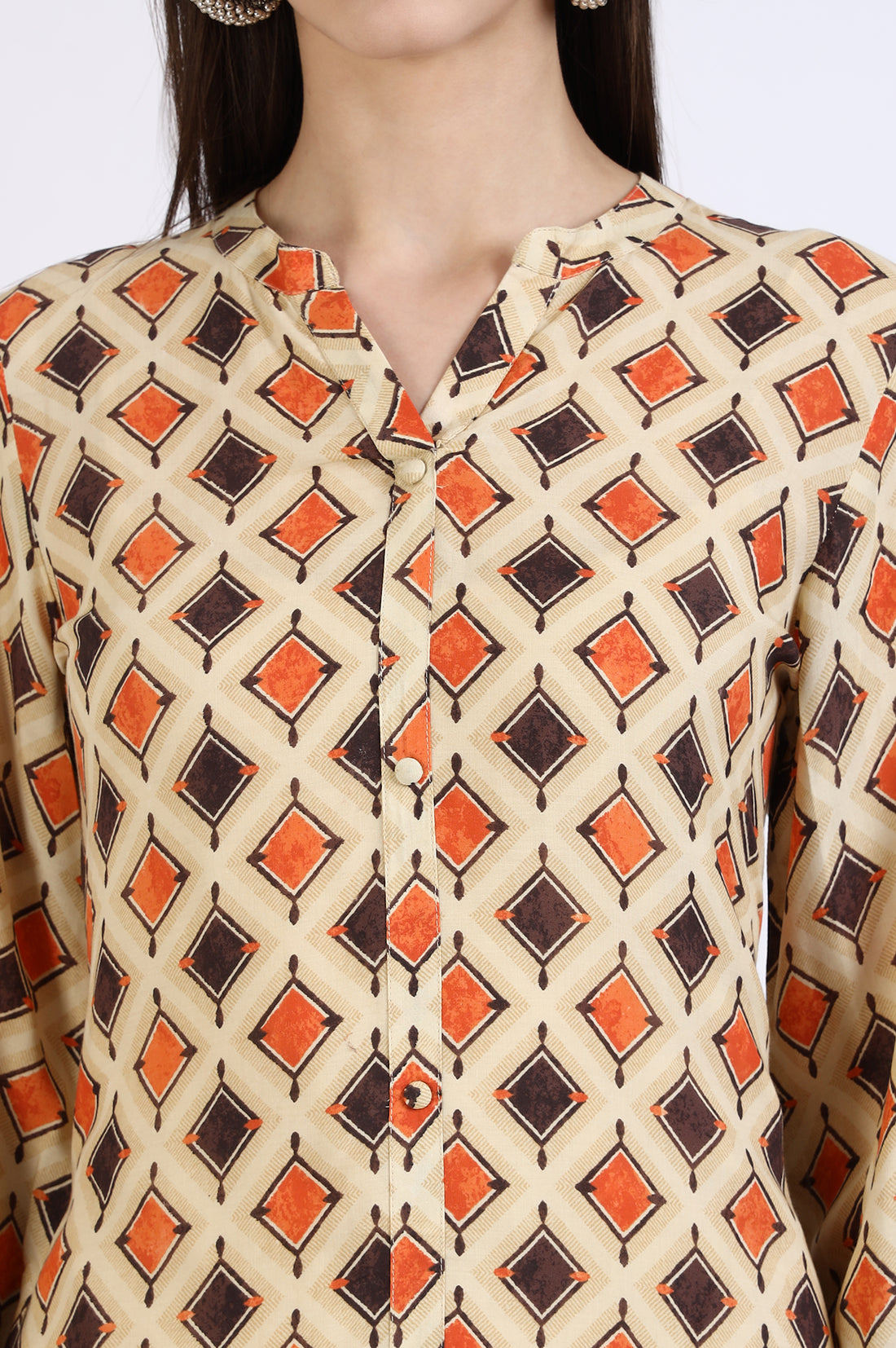 Beige Geometric Printed Modal Flared Dress