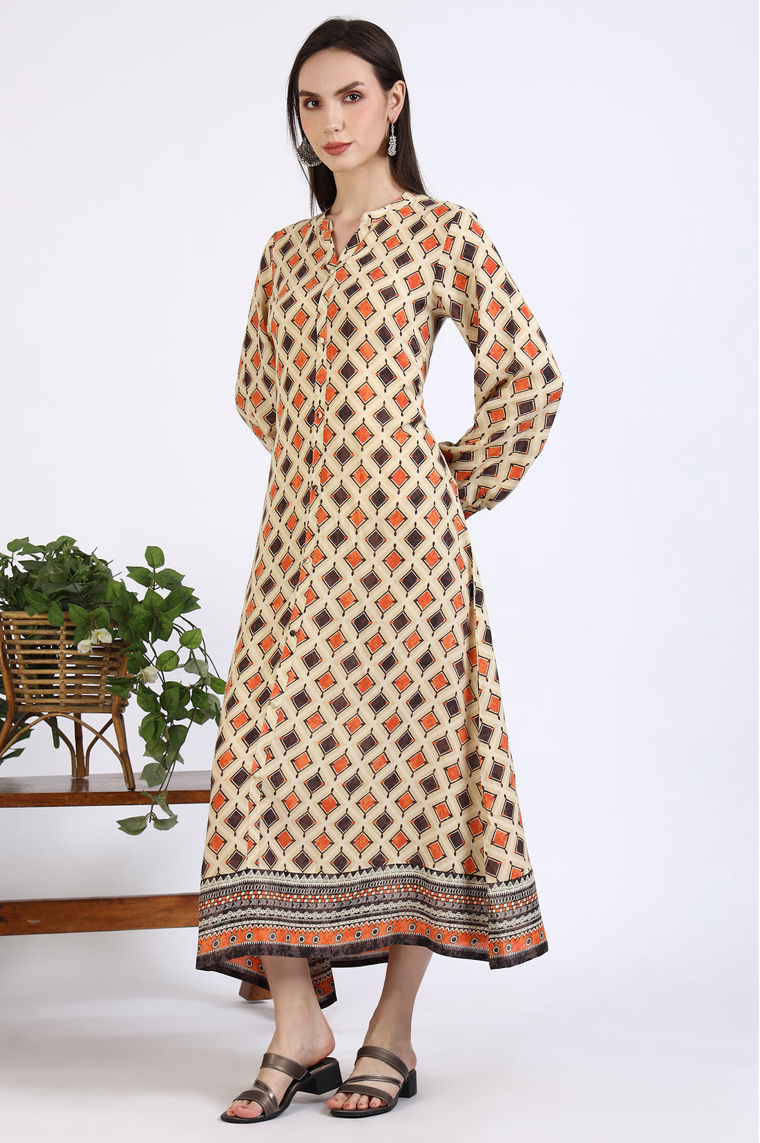 Beige Geometric Printed Modal Flared Dress