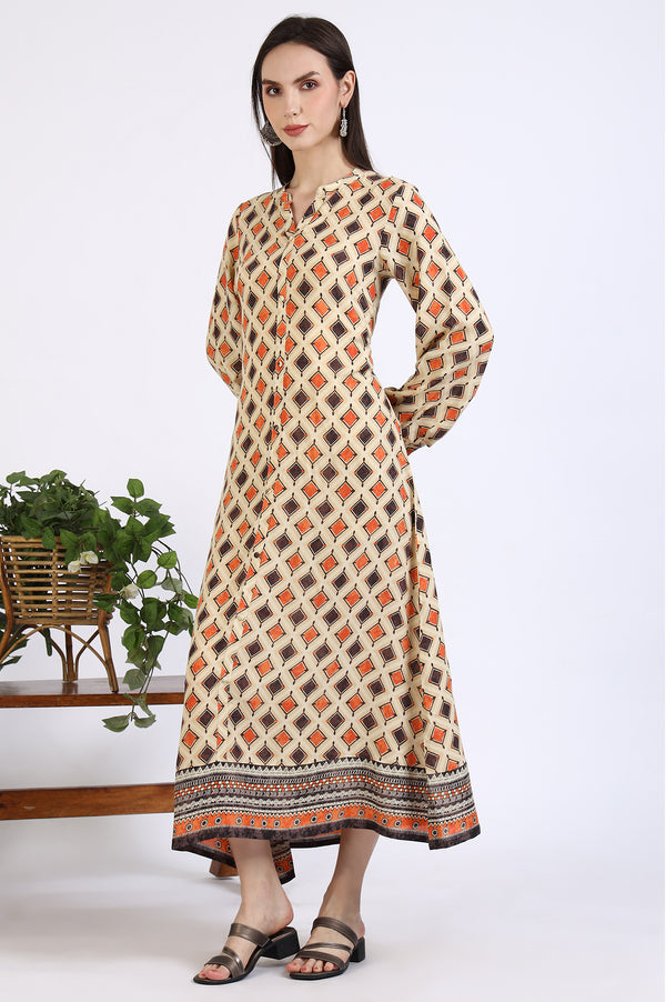 Beige Geometric Printed Modal Flared Dress