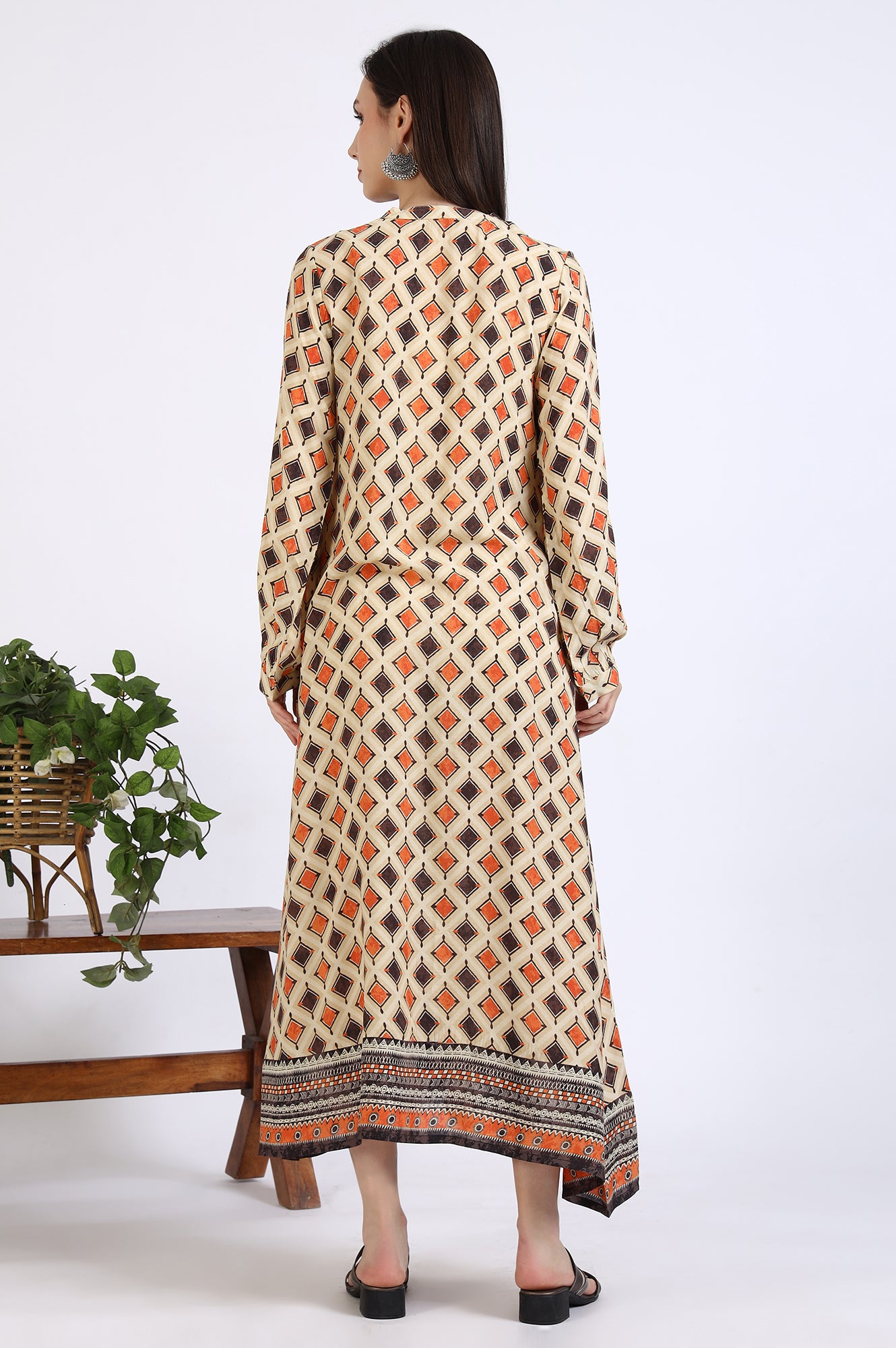 Beige Geometric Printed Modal Flared Dress