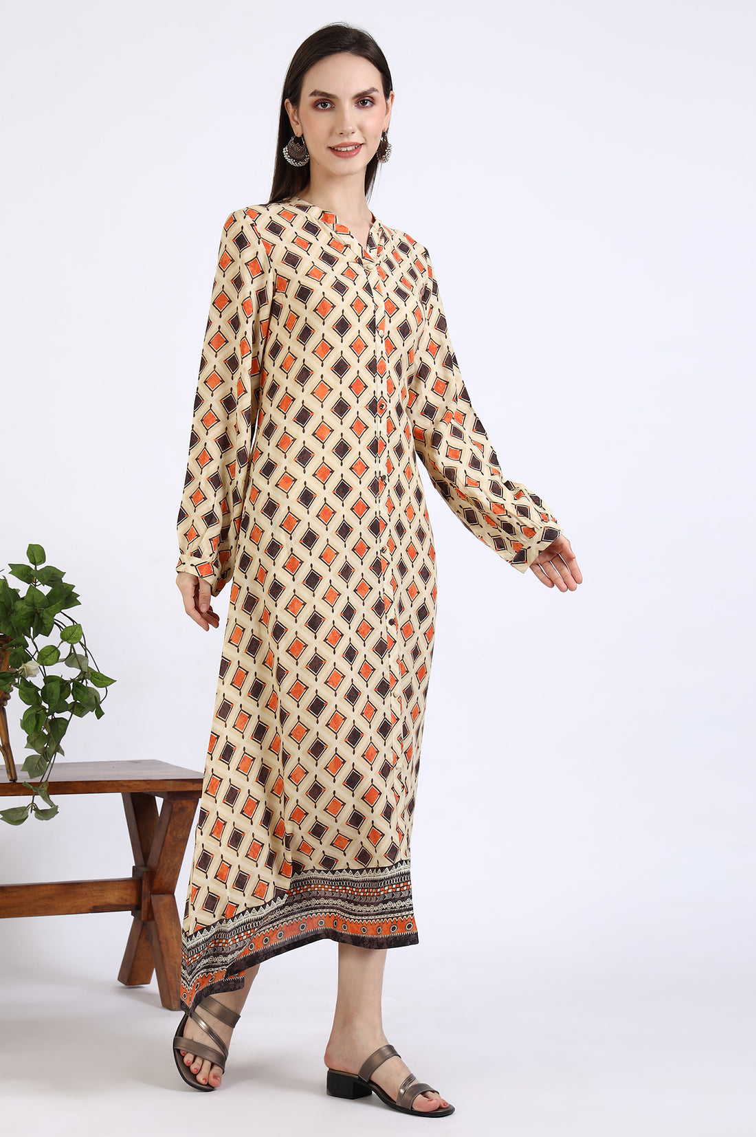 Beige Geometric Printed Modal Flared Dress