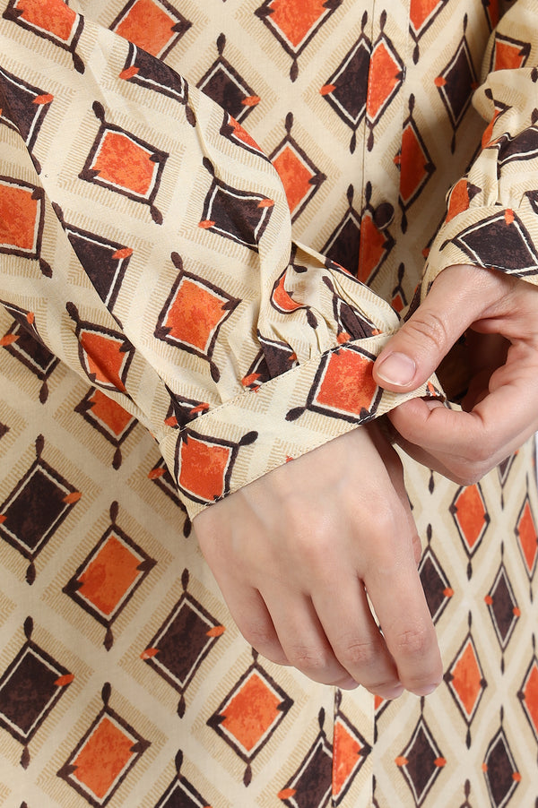 Beige Geometric Printed Modal Flared Dress