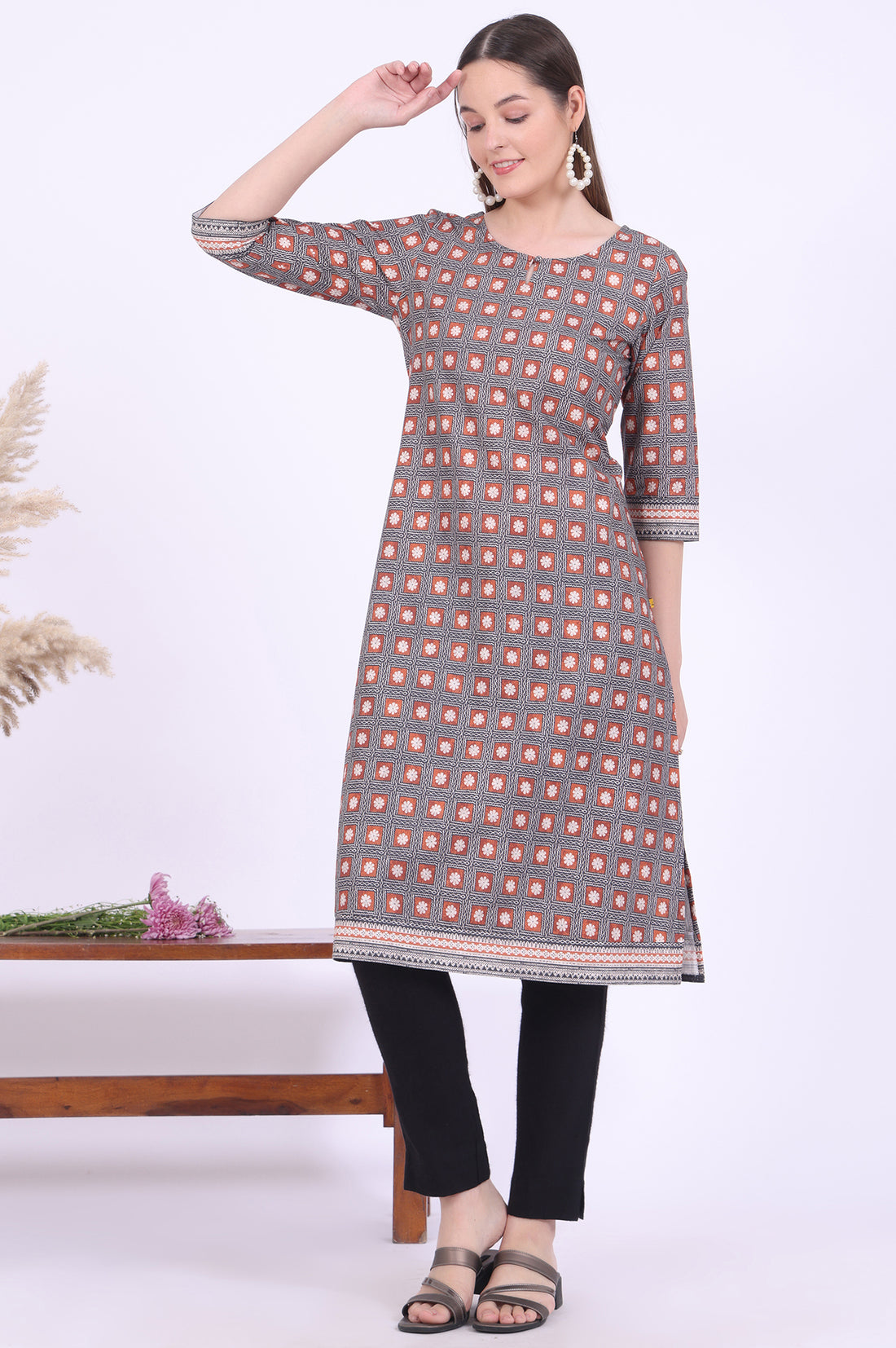 Brown Printed Straight Modal Kurta
