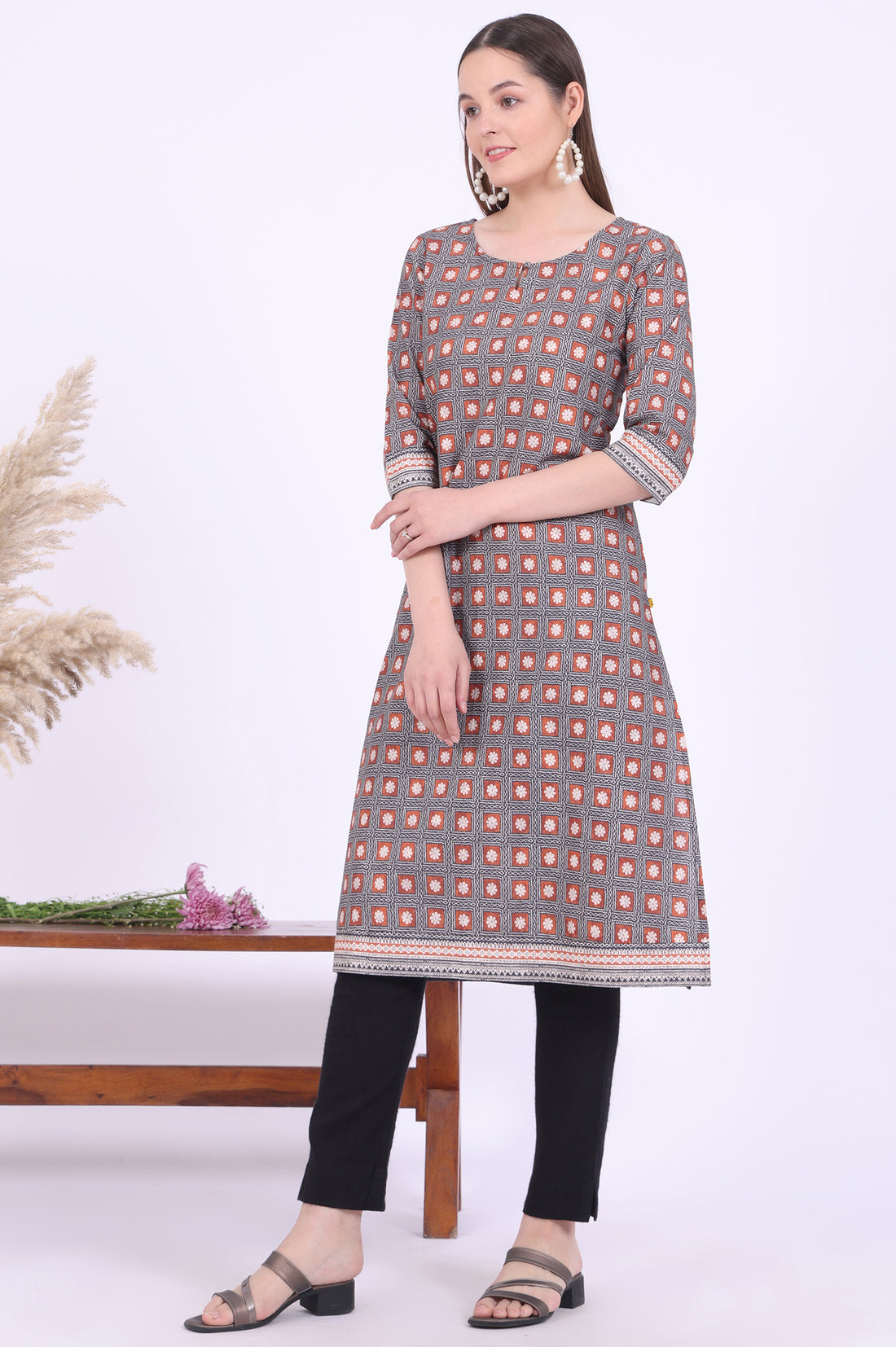 Brown Printed Straight Modal Kurta