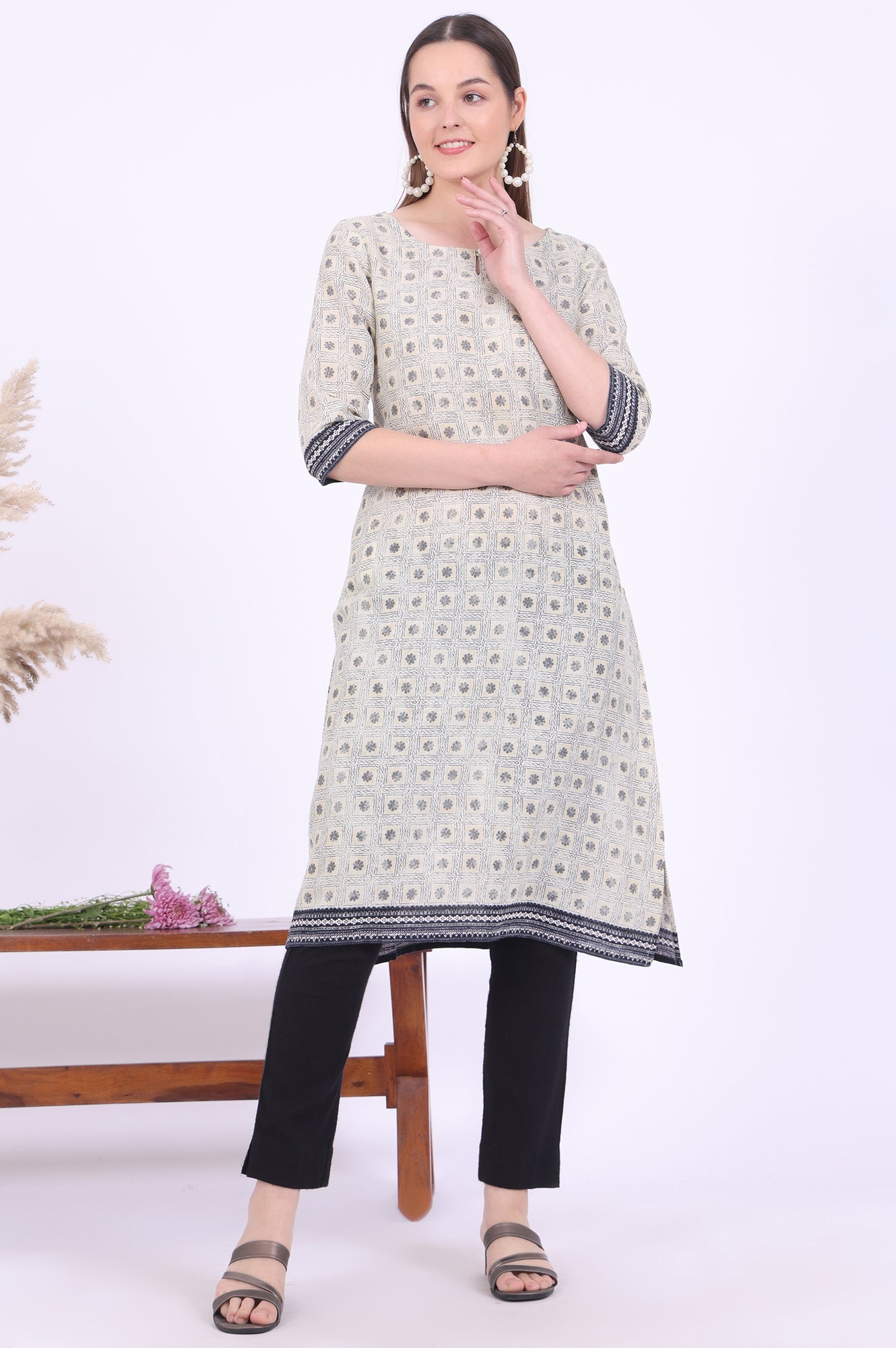 Beige Printed Straight Modal Kurta