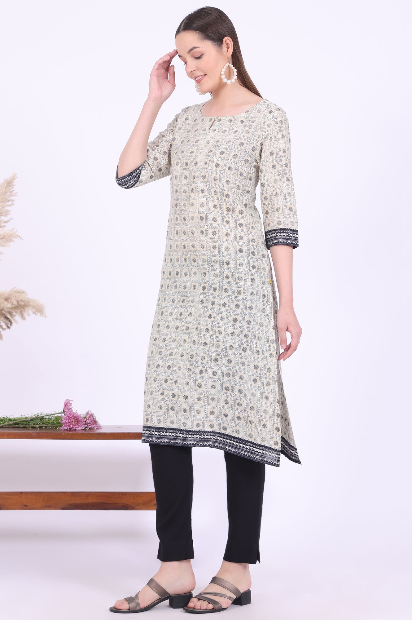 Beige Printed Straight Modal Kurta