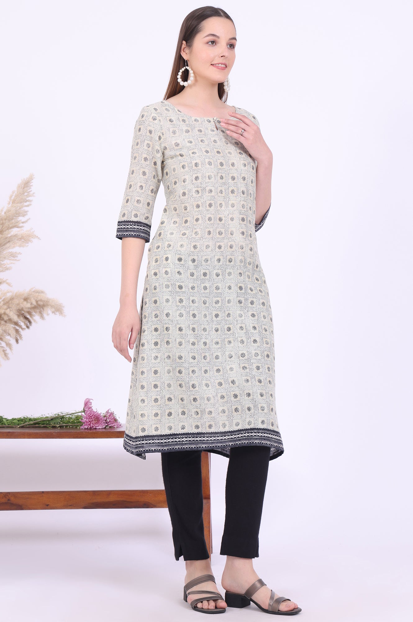 Beige Printed Straight Modal Kurta