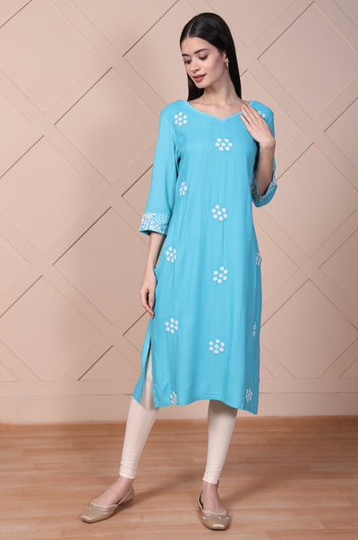 Blue Embroidered Straight Rayon Kurta