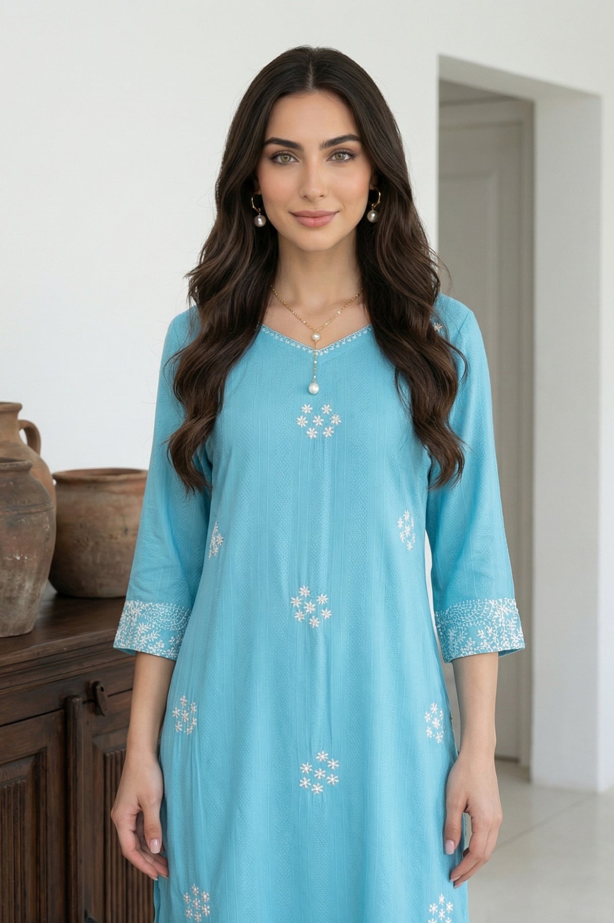 Blue Embroidered Straight Rayon Kurta - XS